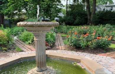 Avis Campbell Gardens octagonal pond with a pedestal fountain.