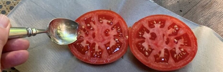 tomato cut in half wiht a spoon ready to scoop out seeds