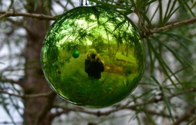 green chritmas ornament with a reflection of the photgrapher taking the photo