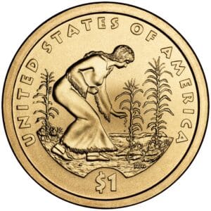 Three Sisters gardening as featured on the reverse of the 2009 Native American U.S. dollar coin. Attribtuion- United States Mint, Public domain, via Wikimedia Commons