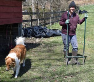 a collie dog next to a woman in a black wool cap and maroon sweatshirt on a broadfork.