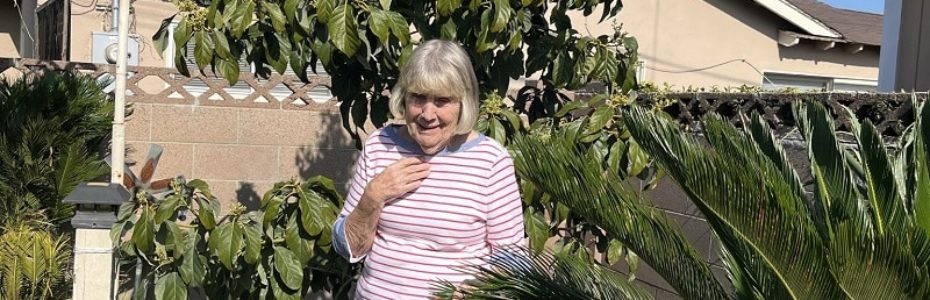 an older woman in a pink shirt next to a avocado tree