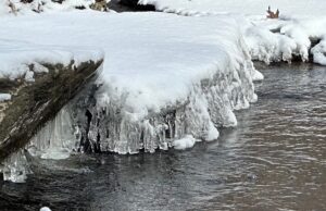 a large flat rock covered in snow in stream rows of dangling icicles that look like cow udders.