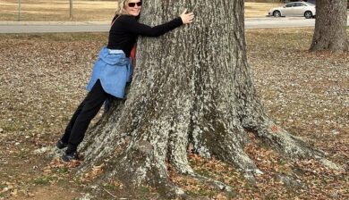 Mary Stone hugging a 5-foot wide caliper tree with a large root flare.