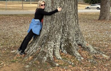 Mary Stone hugging a 5-foot wide caliper tree with a large root flare.