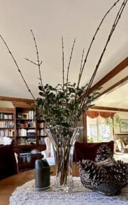 a clear vases with forsythia branches and holly on a library table.