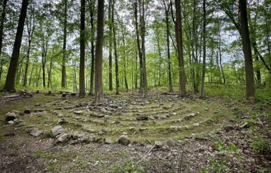 a stone edge maze amongst a forest with an upright wooden cross in next to a tree in the center.