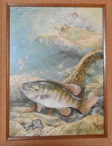 an oil painting of a bass with an sublt vignette of a boy fishing in the clouds done by Carol Decker. 
