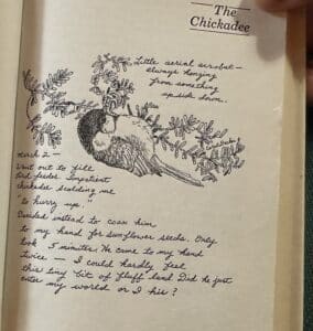 a page in a book of a sketch of a chickadee and handwritten notes.
