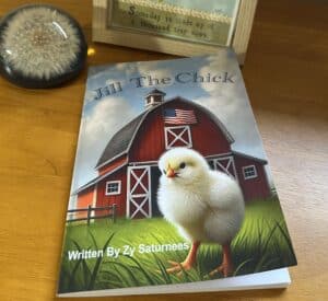 Jill the Chick book cover of a chick in front of a red barn.