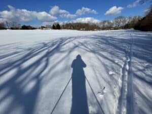 Mary Stone's shadow on cross country skis along with tree shadows.
