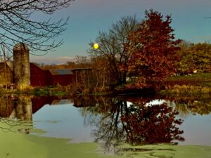 Golden moonlight, red barn, and autumn tree reflected in a tranquil pond at dusk create a warm, glowing scene of evening calm and seasonal transition.