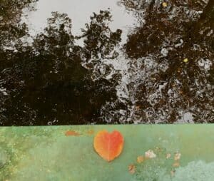A heart-shaped autumn leaf resting on a bridge above flowing water.