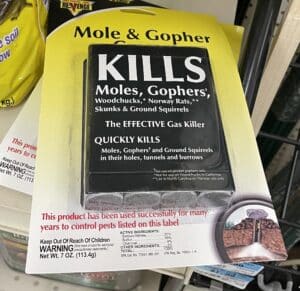 Mole and gopher gas cartridge sold for burrowing animals.