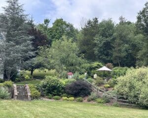A sweeping view of Pond Paradise, featuring layered perennial beds, shrubs, and mature trees during the Warwick Valley Gardeners Countryside Garden Tour.