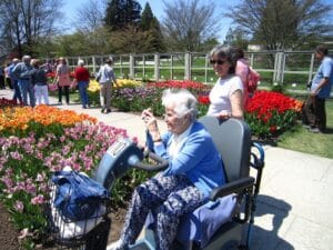 An older woman seated on a mobility scooter photographs colorful tulip beds at Longwood Gardens, accompanied by a younger woman.